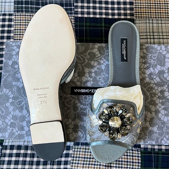 NWT Dolce & Gabbana Grey Lace Slides w/ Lizard Toe & Colorful Crystal - Picture 5 of 6